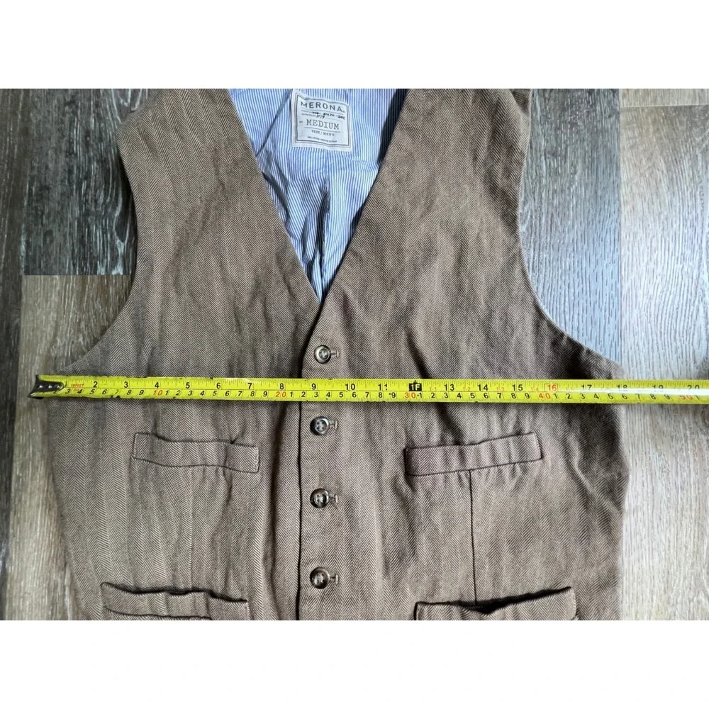 Merona Vest Mens Medium Brown Herringbone Cotton 4-Pocket Cinch Back Waistcoat